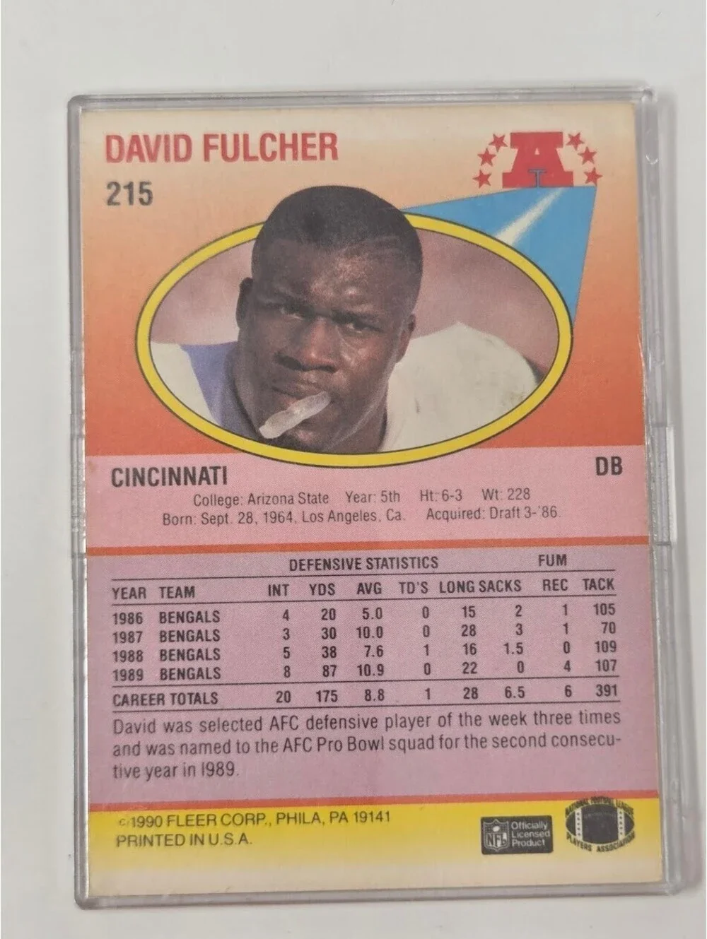 1990 Fleer David Fulcher Bengals Signed Football Card Defensive Back NFL